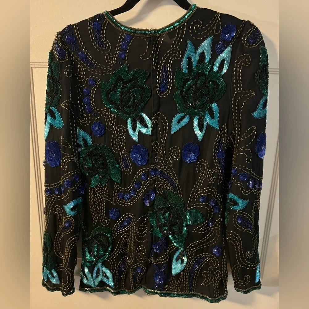 VTG Scala Beaded Silk Blouse Long Sleeve Elegant Party Sparkle Top Blue Purple - Picture 11 of 16